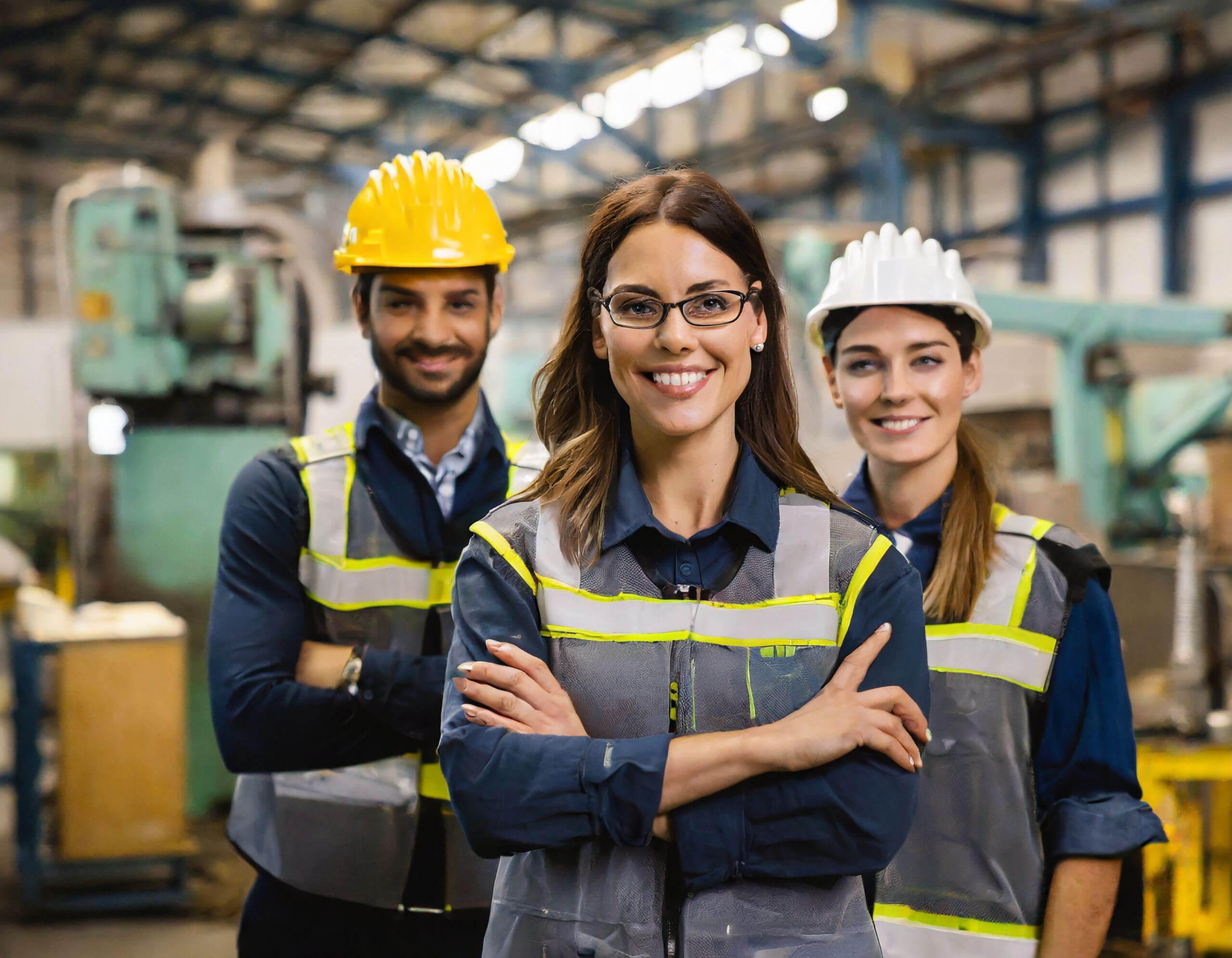 Team portrait of engineering employees standing in a industrial manufacturing factory working.