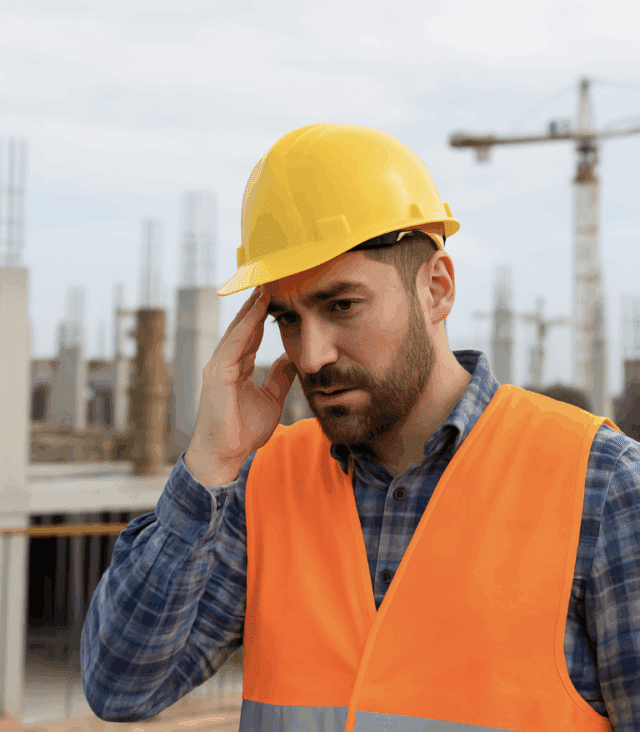 Construction worker showing signs of mental fatique.