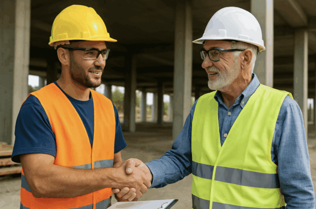 Two Men at construction site shaking hands Two Men at construction site shaking hands