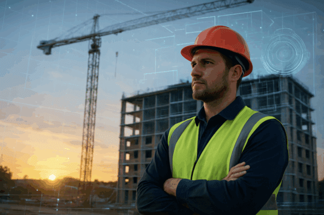 Dusk Construction Sit man at construction site during late afternoon.
