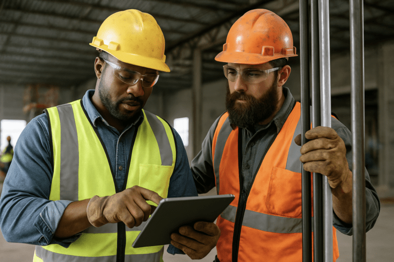 Two construction workers wearing safety gear review project details on a tablet inside an active jobsite.