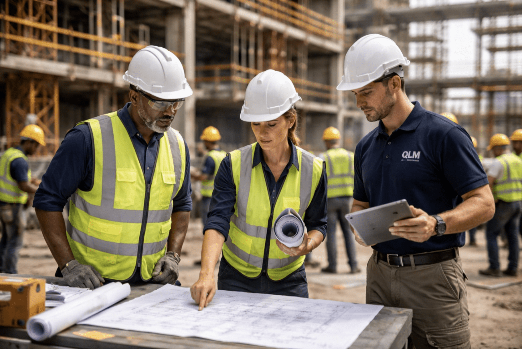 Workers at a construction site reviewing blueprints. One worker has a QLM polo shirt on.