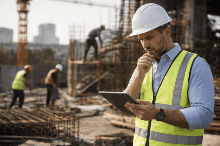 Construction Supervisor Assessing Workforce Needs on Jobsite Construction supervisor in a hard hat and high-visibility vest reviews a tablet on an active jobsite, with workers and structural rebar visible in the background, suggesting project oversight and workforce planning.