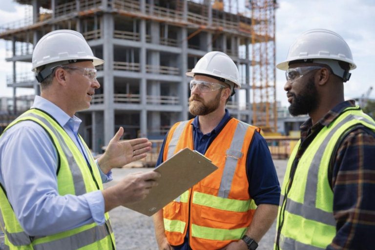 Men at a construction site Construction professionals in safety gear discussing plans at an active job site with a building structure in the background.