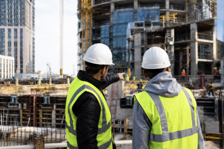 Two construction professionals wearing white hard hats and high-visibility safety vests review progress on an active commercial construction site with cranes and a high-rise building under construction in the background.