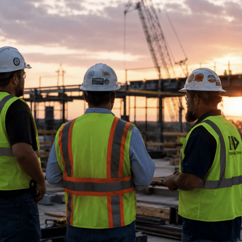 Three construction professionals wearing hard hats and high-visibility safety vests stand together on an active commercial construction site at sunset, discussing project progress with structural steel and cranes in the background.
