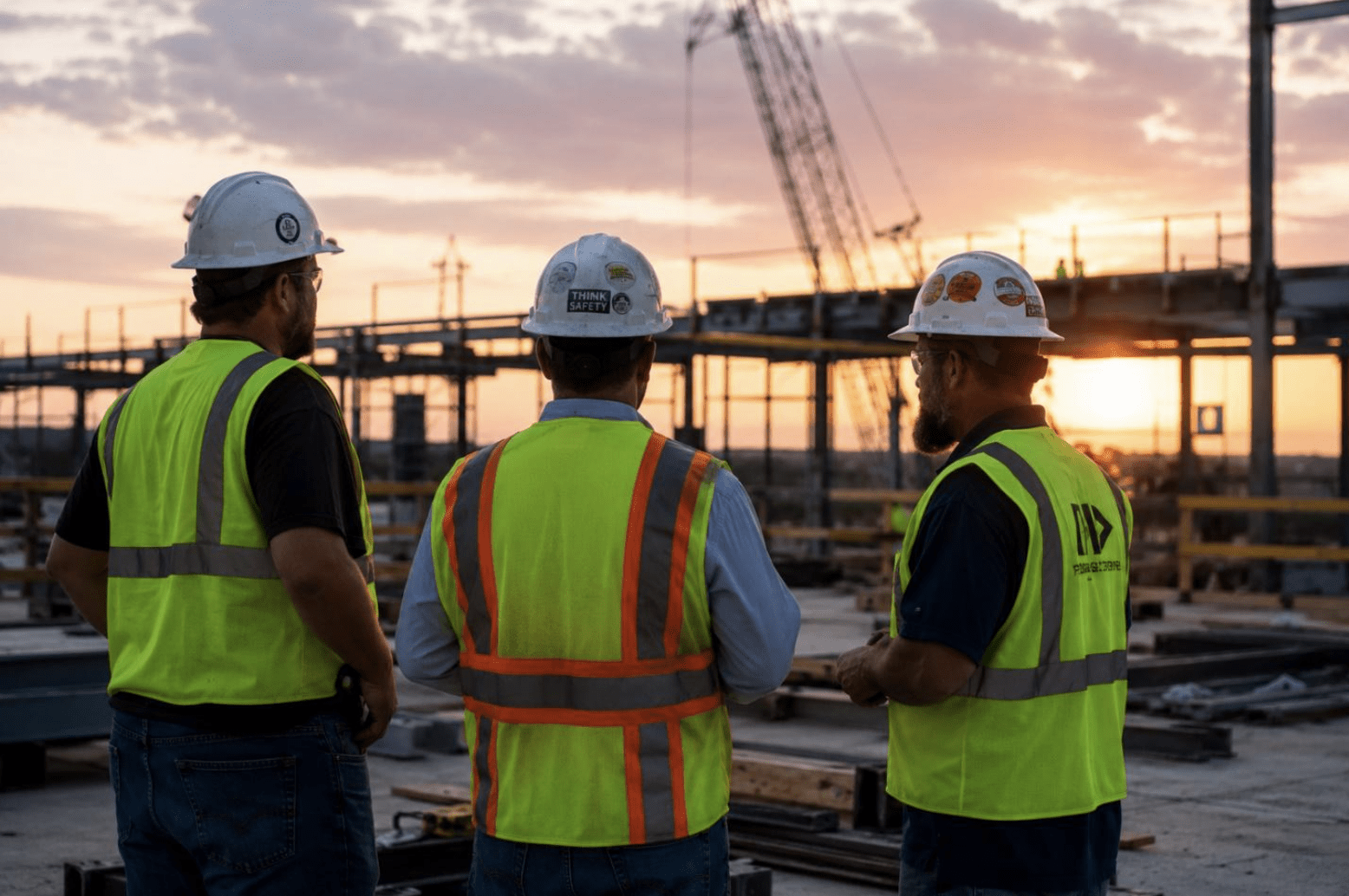 Three construction professionals wearing hard hats and high-visibility safety vests stand together on an active commercial construction site at sunset, discussing project progress with structural steel and cranes in the background.