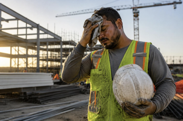 Construction worker in a high-visibility safety vest wipes sweat from his forehead while holding a hard hat on an active jobsite, highlighting the impact of summer heat, heat stress, and worker safety in construction.
