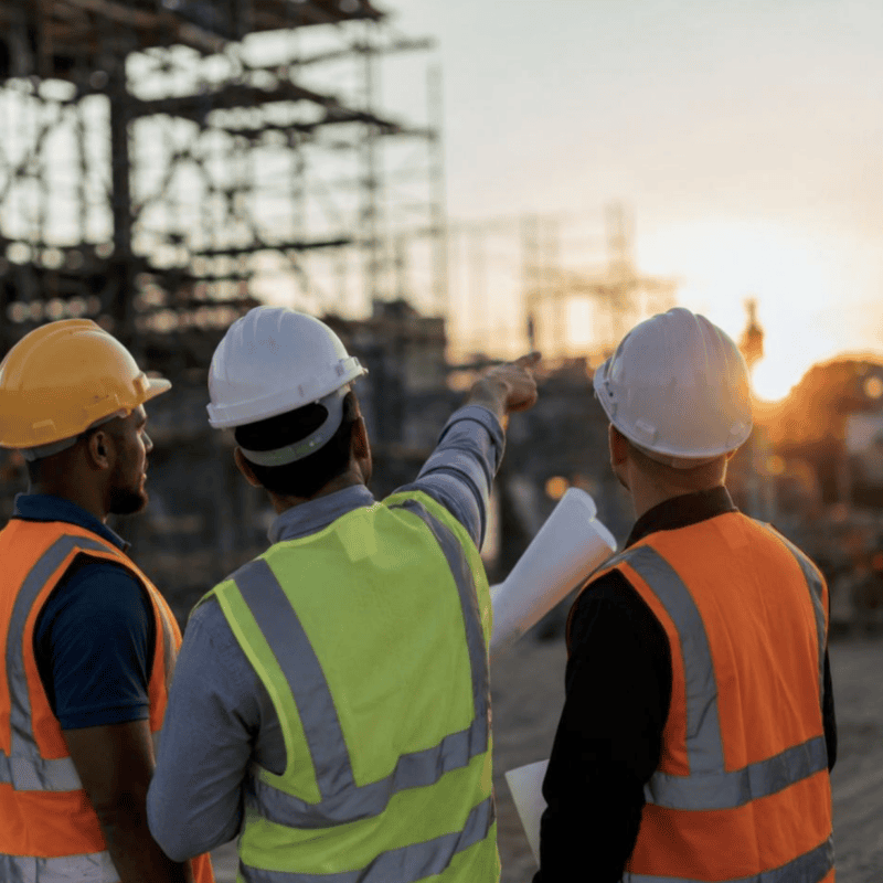 Three construction workers in hard hats and high-visibility vests review plans on an active job site at sunset, one pointing toward the structure.