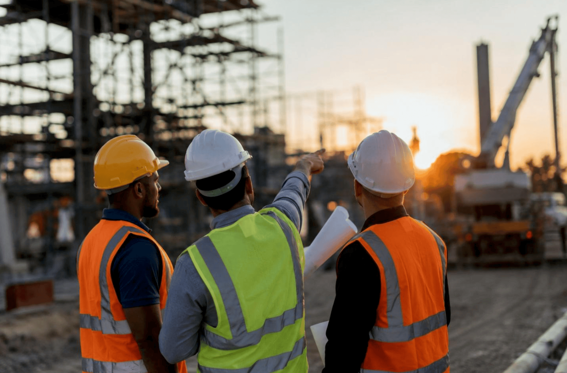Three construction workers in hard hats and high-visibility vests review plans on an active job site at sunset, one pointing toward the structure.