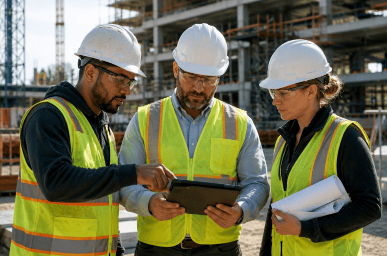 Three construction workers in hard hats and high-visibility vests review plans on a tablet at a building site.