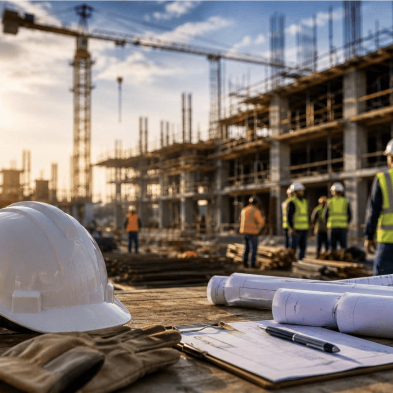 Hard hat, blueprints, gloves, and measuring tools on an active construction site with skilled workers in the background, illustrating construction labor costs, productivity, and workforce value.