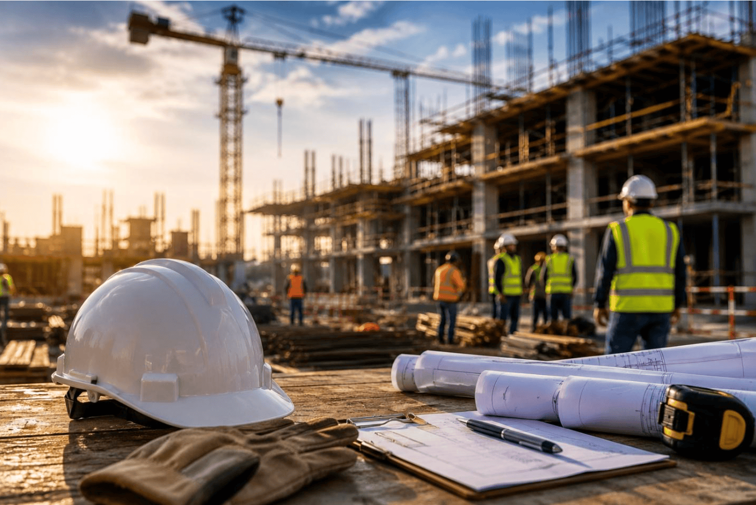 Hard hat, blueprints, gloves, and measuring tools on an active construction site with skilled workers in the background, illustrating construction labor costs, productivity, and workforce value.