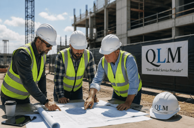 Three construction professionals wearing hard hats and high-visibility vests review project plans at an active jobsite, highlighting preconstruction workforce planning and project coordination.