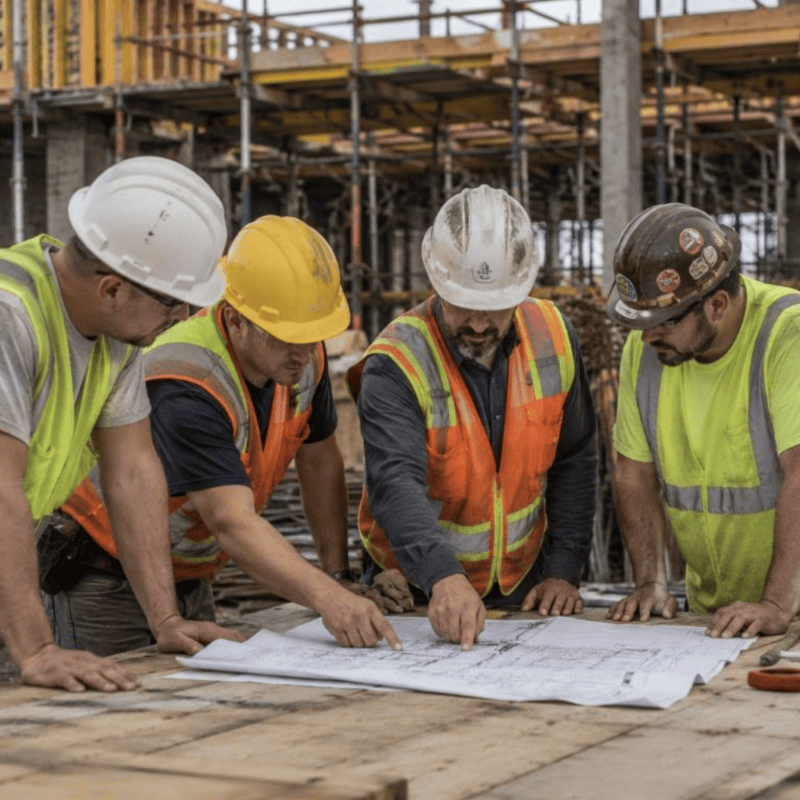 Four construction professionals wearing hard hats and high-visibility vests review blueprints together on an active jobsite, highlighting teamwork, communication, and skilled trades expertise.
