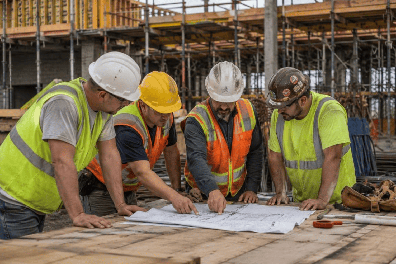 Four construction professionals wearing hard hats and high-visibility vests review blueprints together on an active jobsite, highlighting teamwork, communication, and skilled trades expertise.