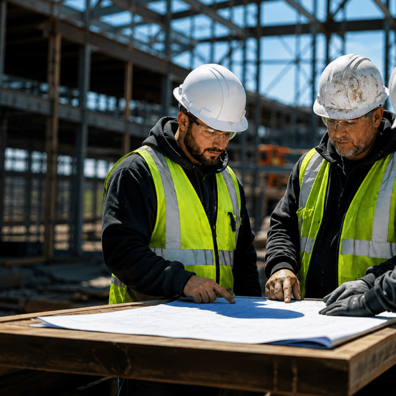 Three construction workers in hard hats and high‑visibility vests examine blueprints on a wooden table at a building site near steel framework.