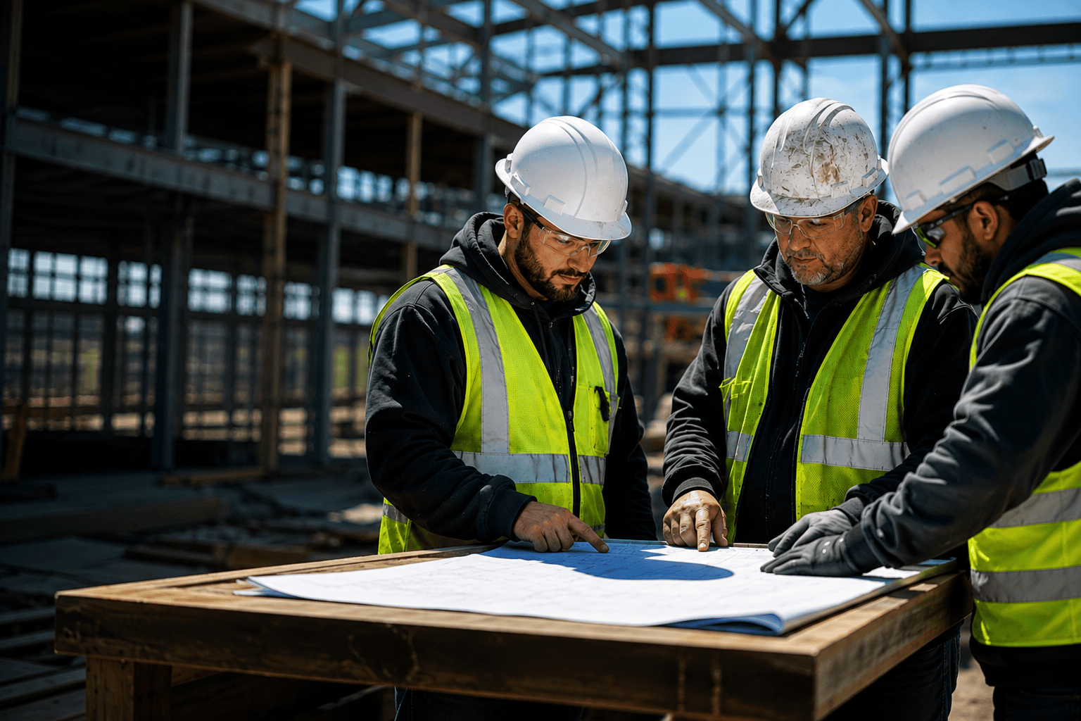 Three construction workers in hard hats and high‑visibility vests examine blueprints on a wooden table at a building site near steel framework.