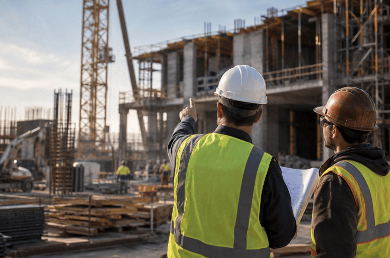 Two construction professionals reviewing plans and discussing an active jobsite, illustrating labor forecasting, manpower planning, and workforce coordination.
