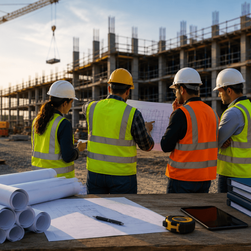 Construction professionals reviewing project plans on an active jobsite, illustrating workforce planning, skilled labor needs, crew sizing, and project coordination.