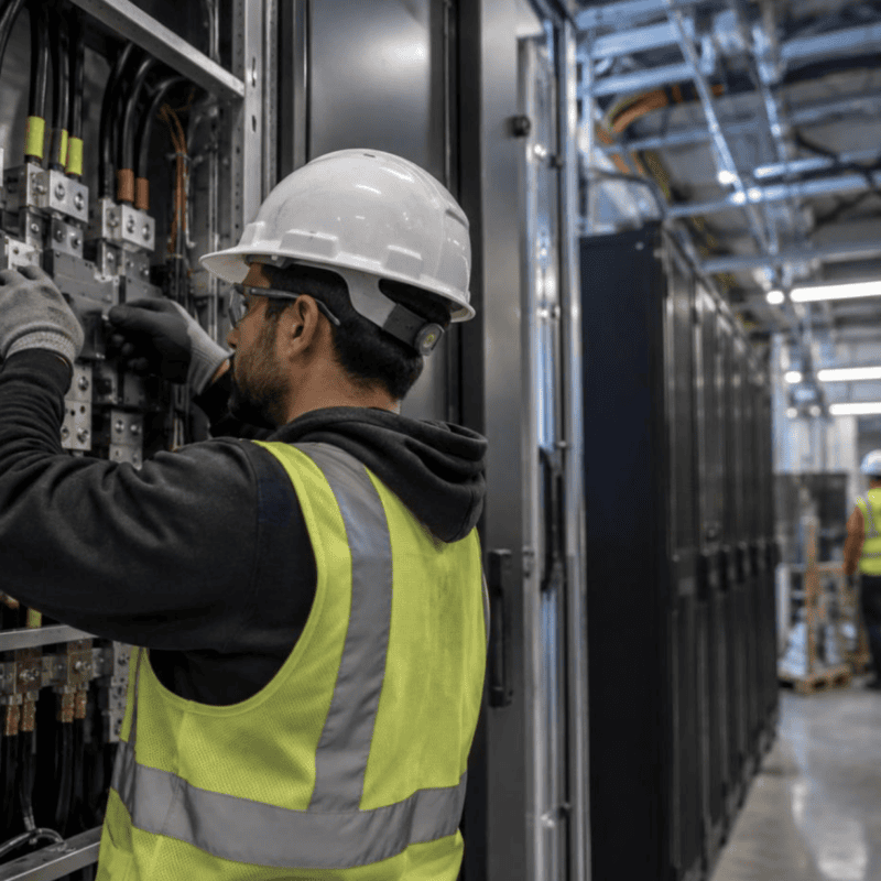 Electrician wearing a hard hat and safety vest working on electrical infrastructure inside a data center with server equipment in the background.