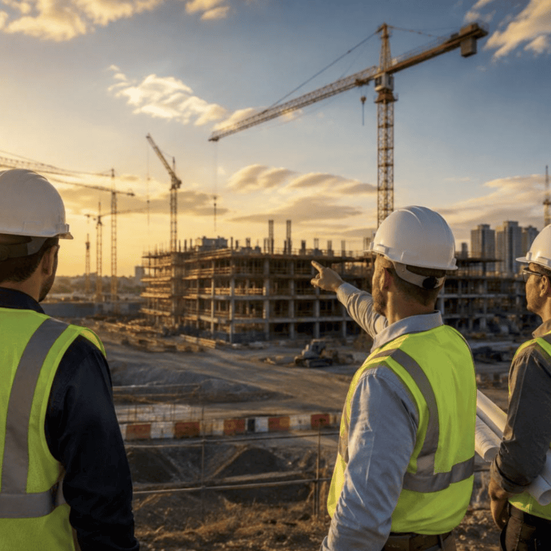Construction professionals in hard hats and safety vests reviewing a large active jobsite, illustrating workforce planning and skilled labor scaling across multiple markets.