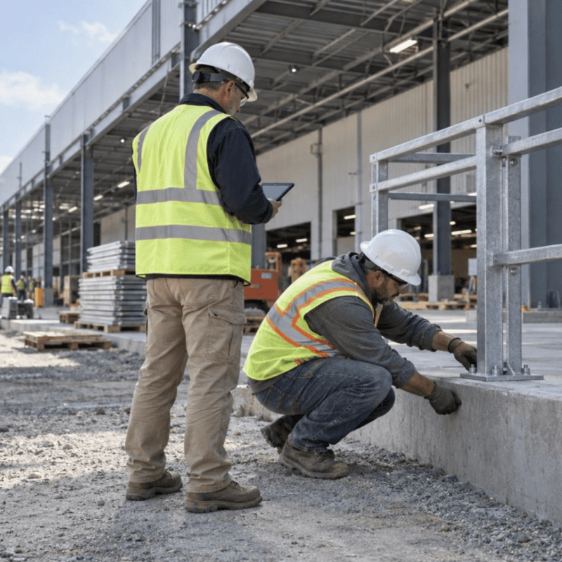 Construction supervisor reviewing project details on a tablet while a skilled worker completes final installation work at a commercial construction site.