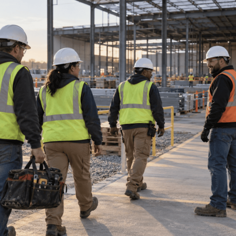 Construction supervisor directing a crew in hard hats and safety vests as they enter an active commercial jobsite for their work assignment.