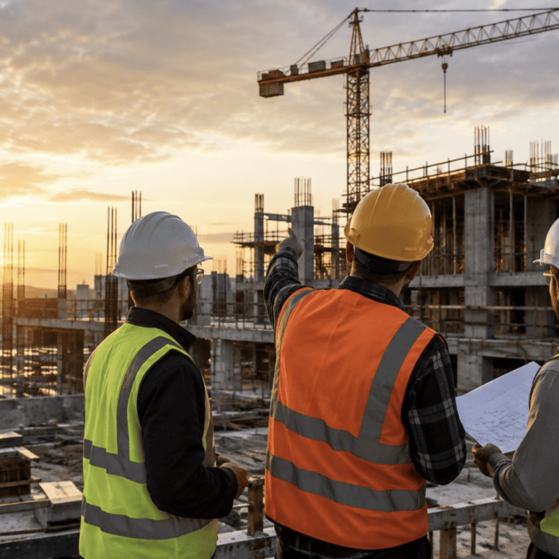 Construction supervisors in hard hats and safety vests reviewing plans and discussing work at an active building site with a tower crane at sunset.